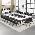 Modern White Conference Table With Black Chairs Laptop Large Windows And City View