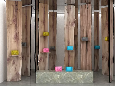 Modern Display Space Featuring Wooden Pillars Colorful Bags On Shelves And Marble Countertop 3d model