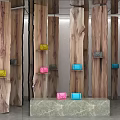 Modern Display Space Featuring Wooden Pillars Colorful Bags On Shelves And Marble Countertop