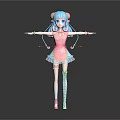 3D Game Anime Character With Blue Twintails Pink Dress Bow And Outstretched Arms