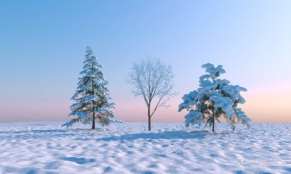 Three Snow Covered Trees in Winter Snowy Field With Leafless Trunk and Blue Pink Sky 3d model 
