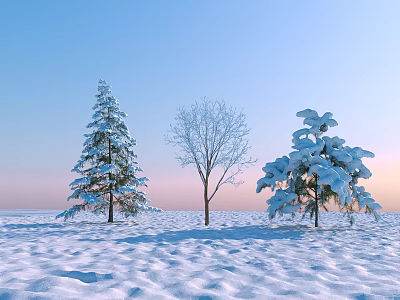 Three Snow Covered Trees in Winter Snowy Field With Leafless Trunk and Blue Pink Sky 3d model