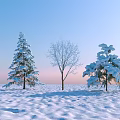 Three Snow Covered Trees in Winter Snowy Field With Leafless Trunk and Blue Pink Sky