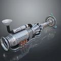 Future Tech Metallic Weapon With Cylindrical Body Advanced Energy Cells And Reflective Base