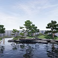 Tranquil Garden Landscape with Pond Pine Trees Wooden Deck Green Grass and Reflection