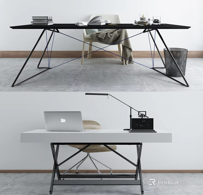 Modern Office Desk With Metal Legs Laptop Lamp And Books 3d model 