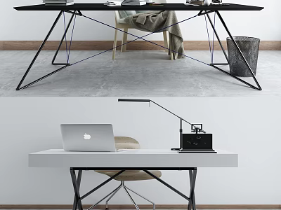 Modern Office Desk With Metal Legs Laptop Lamp And Books 3d model
