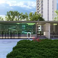 Modern Building Entrance With Glass Facade Greenery High Rise Background And Digital 02