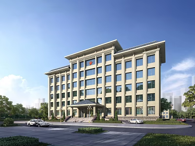 Yellow Multi story Office Building Featuring Many Windows Front Vehicles Landscaping And Red Emblem 3d model