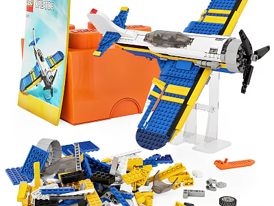 Lego Building Blocks Airplane Model With Orange Storage Box And Scattered Pieces 3d model
