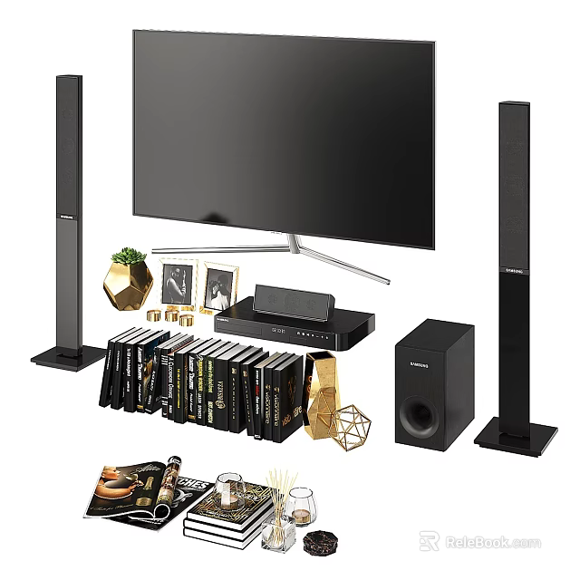 Modern Computer Monitor Home Setup With Sound System Speakers Bookshelf And Decorative Items 3d model 