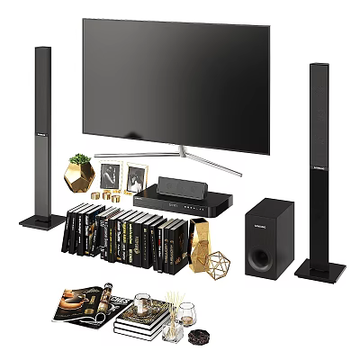 Modern Computer Monitor Home Setup With Sound System Speakers Bookshelf And Decorative Items 3d model