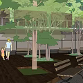 Outdoor Garden Landscape With Lawn Benches People Modern Building And Stairs