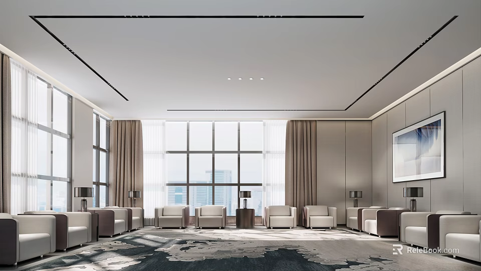Modern Hotel Public Lounge With Comfortable Sofa Large Windows And Area Rug 3d model 