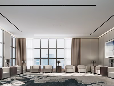 Modern Hotel Public Lounge With Comfortable Sofa Large Windows And Area Rug 3d model