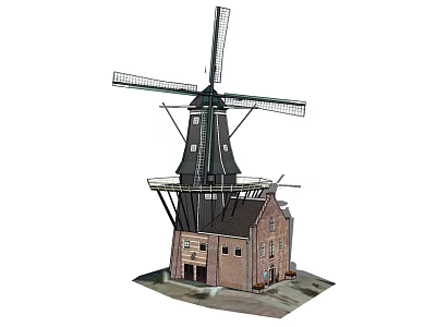 Traditional Windmill Architectural Components With Wooden Blades Tower Structure And Brick Base 3d model