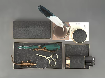 Decorative Ornament Set With Feather Pen Ink Bottle Scissors Magnifying Glass And Leather Storage Cases 3d model