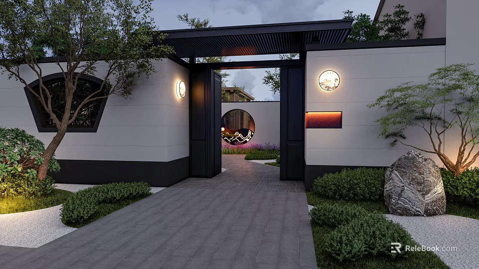 Courtyard Garden Entrance With Black Gateway Stone Pathway Green Shrubs And Circular Lights 3d model 
