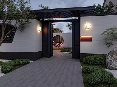 Courtyard Garden Entrance With Black Gateway Stone Pathway Green Shrubs And Circular Lights 3d model