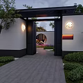 Courtyard Garden Entrance With Black Gateway Stone Pathway Green Shrubs And Circular Lights