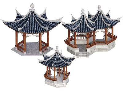 Traditional Chinese Landscape Pavilion with Curved Eaves Tile Roof Wooden Structure and Stone Platform Base 3d model