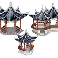 Traditional Chinese Landscape Pavilion with Curved Eaves Tile Roof Wooden Structure and Stone Platform Base