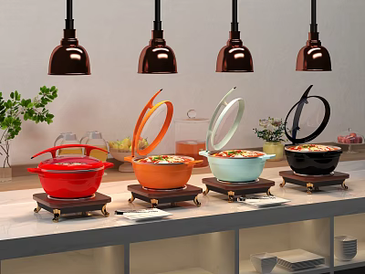 Colorful Cooking Pots As Kitchen Appliances On Countertop With Hanging Lights And Green Plant 3d model