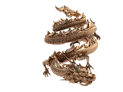 Golden Dragon Sculpture With Intricate Scales And Dynamic Handcrafted Carving 3d model