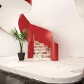 Red Spiral Staircase With Marble Steps And Green Plant Against White Walls