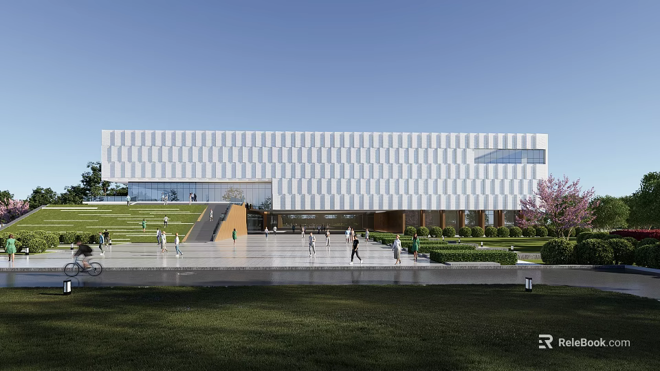 Modern Architectural Exterior With Geometric Facade Spacious Plaza And Green Landscaping 3d model 