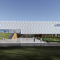Modern Architectural Exterior With Geometric Facade Spacious Plaza And Green Landscaping