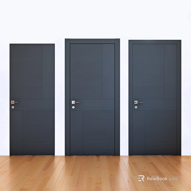 Three Modern Dark Security Doors With Wood Grain Texture And Secure Locks 3d model