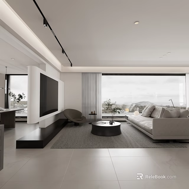 Modern Living Dining Room Interior With Large Windows Curtains Sofa And TV Wall 3d model 