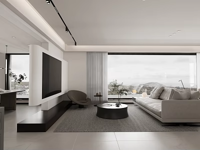 Modern Living Dining Room Interior With Large Windows Curtains Sofa And TV Wall 3d model