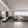 Modern Living Dining Room Interior With Large Windows Curtains Sofa And TV Wall