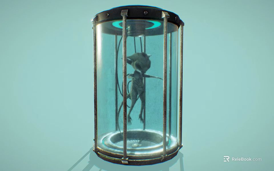Transparent Cylindrical Glass Container With Humanoid Creature Green Glowing Ring And Metal Frame 3d model 