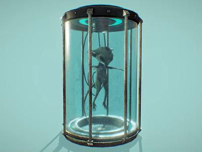 Transparent Cylindrical Glass Container With Humanoid Creature Green Glowing Ring And Metal Frame 3d model