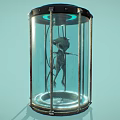 Transparent Cylindrical Glass Container With Humanoid Creature Green Glowing Ring And Metal Frame