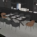 Modern Dining Table Set With Black Table Brown Gray Chairs And Decorative Lighting 3d model