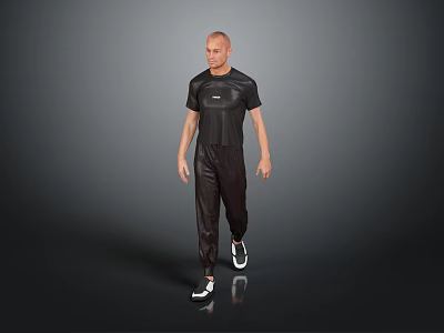 A Man in Black T-shirt And Black Pants Walking On Gray Background With White Sneakers 3d model
