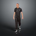 A Man in Black T-shirt And Black Pants Walking On Gray Background With White Sneakers
