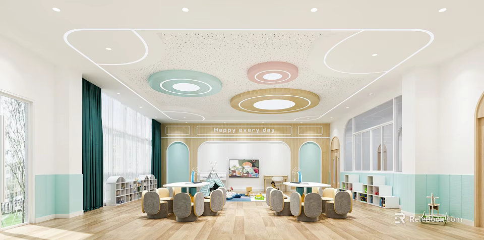 Colorful Kindergarten Classroom With Circular Ceiling Decor Happy Party Day Sign Arched Doorways And Bookshelves 3d model 