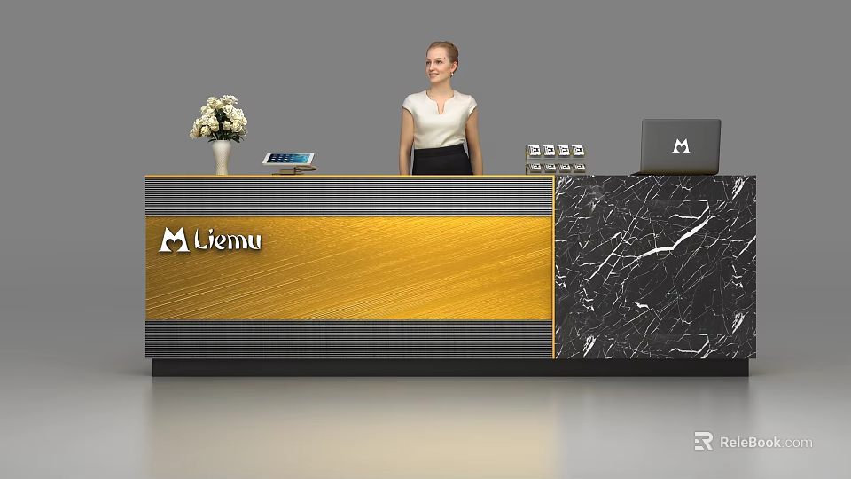 Elegant Reception Desk In Gold Black Marble With L'iemu Logo Vase Laptop Device And Receptionist 3d model 