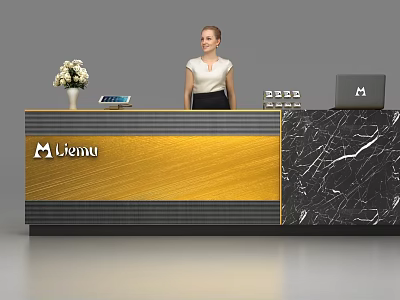 Elegant Reception Desk In Gold Black Marble With L'iemu Logo Vase Laptop Device And Receptionist 3d model