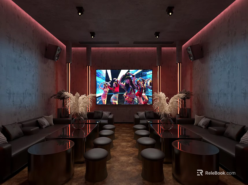 Modern KTV Room Interior Featuring Large Screen Sofas Round Tables Stools And Decorative Plants 3d model