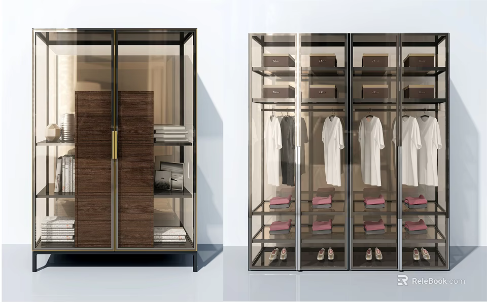 Modern Wardrobe Interior Design With Glass Doors Hanging White Clothes Folded Items And Shoes 3d model 