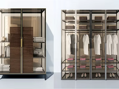 Modern Wardrobe Interior Design With Glass Doors Hanging White Clothes Folded Items And Shoes 3d model