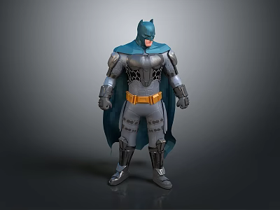 Detailed 3D Batman Figure with Gray Blue Armor Yellow Utility Belt and Cape Standing Pose 3d model