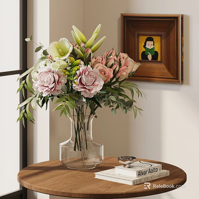 Pink And White Flower Bouquet In Clear Glass Vase With Book And Wall Artwork 3d model 