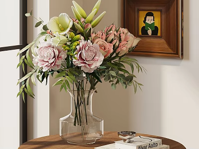 Pink And White Flower Bouquet In Clear Glass Vase With Book And Wall Artwork 3d model